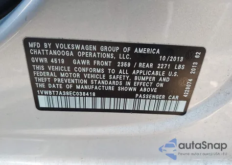 2014 Volkswagen Passat Se из США, поврежденный, VIN 1VWBT7A38EC038418